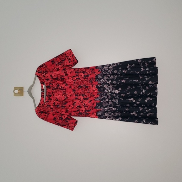 Julian Taylor Midi Dress 16 Red Black Gray Roses A-Line Wedding Guest Church - Picture 1 of 14